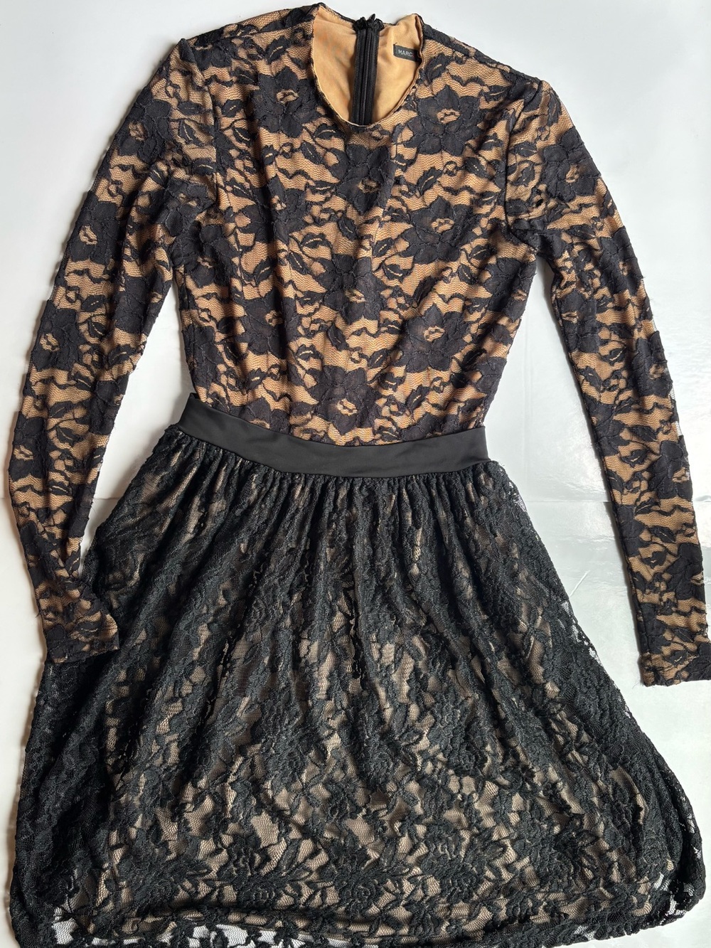 Marc Bouwer lace overlay dress black & nude long sleeve occasion goth glam